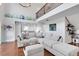 Bright living room with high ceilings, a modern chandelier, hardwood floors, and an open view of the kitchen at 355 21St Ne Ave, St Petersburg, FL 33704