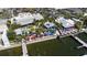 Aerial view of waterfront dining with outdoor seating, colorful umbrellas, and docks at 6327 Sunset Bay Cir, Apollo Beach, FL 33572
