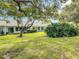 View of the home's backyard with a grassy lawn, mature trees, and a view of the back of the home at 1655 S Highland Ave # G164, Clearwater, FL 33756
