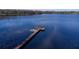Scenic aerial view of a lake with a private dock and boat slips, surrounded by lush greenery at 16573 Hutchison Rd, Odessa, FL 33556