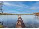 Picturesque view of a long wooden dock stretching into a calm lake with clear blue skies overhead at 16573 Hutchison Rd, Odessa, FL 33556