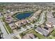 Aerial view of a well-planned community with homes, winding roads, and a tranquil lake surrounded by trees at 30280 Southernwood Ct, Wesley Chapel, FL 33543