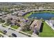 A beautiful aerial view of suburban homes along a lake, showcasing the lush landscaping and serene setting at 30280 Southernwood Ct, Wesley Chapel, FL 33543