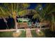 Nighttime view of a private boat dock with uplighting, palm trees, and waterfront access at 315 Manatee Ln, Tarpon Springs, FL 34689