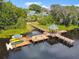 Aerial view featuring a dock with a gazebo, kayaks, and lakefront access at 7309 Night Heron Dr, Land O Lakes, FL 34637