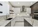 Modern kitchen featuring white cabinets, stainless steel appliances, and a central island with marble countertops at 7309 Night Heron Dr, Land O Lakes, FL 34637