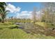 Scenic view of the pond, featuring well-maintained grassy banks and mature trees at 8057 Rio Bella Pl, Bradenton, FL 34201