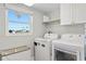 Bright laundry room featuring modern washer and dryer, storage cabinets, and natural light from a large window at 440 Capri Blvd, Treasure Island, FL 33706