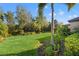 Lush green backyard with mature trees and landscape, offering a private and serene outdoor space at 9708 Highland Park Pl, Palmetto, FL 34221