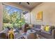 Inviting outdoor seating area with comfortable furniture, colorful cushions, and a serene garden view at 9708 Highland Park Pl, Palmetto, FL 34221