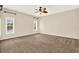 Spacious bedroom featuring a ceiling fan, carpet flooring, and bright windows, perfect for relaxation at 11712 Palmer Dr, Tampa, FL 33624