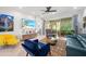 Comfortable living room featuring modern decor, a ceiling fan, and sliding glass doors to the outside at 11714 Wrought Pine Loop, Riverview, FL 33569