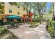 Charming outdoor community space with picnic tables, a teal umbrella, and a park bench at 1810 E Palm Ave # 4304, Tampa, FL 33605
