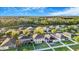 An aerial view of a residential area with a pond, neatly arranged houses, and landscaped yards at 20427 Carolina Cherry Ct, Tampa, FL 33647