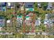 Aerial view of the property showing a backyard pool and lush landscaping and outlining the property lines at 235 Aberdeen St, Dunedin, FL 34698