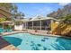 A relaxing backyard featuring a pool, patio, outdoor seating, and lovely landscaping for a serene retreat at 235 Aberdeen St, Dunedin, FL 34698