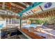 Tiki bar with a wooden countertop, decorated with signs and overlooks the pool and back yard at 235 Aberdeen St, Dunedin, FL 34698