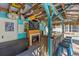Charming tiki bar complete with a fireplace, TV, bamboo accents, and seating, creating a fun entertainment space at 235 Aberdeen St, Dunedin, FL 34698
