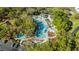 Aerial view of a large community pool with winding waterslides, surrounding trees, and plenty of seating at 36750 Us Highway 19 N # 3-210, Palm Harbor, FL 34684