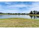 The photo shows a picturesque view of the pond, offering a serene natural setting at 4904 Eagle Rock Dr, Wimauma, FL 33598