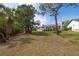 Lush backyard with mature trees offering shade and privacy to the home with a screened-in porch at 2005 N Pointe Alexis Dr, Tarpon Springs, FL 34689