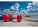 Beach view with beach trikes, blue sky, white sand, and lake in the background at 2005 N Pointe Alexis Dr, Tarpon Springs, FL 34689
