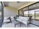 Relaxing screened patio featuring comfortable seating and tranquil outdoor views with a sliding glass door at 5420 Cicerone St # 103, Sarasota, FL 34238