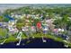 Overhead aerial view capturing the home's setting, waterfront access, private pool, and scenic surroundings at 18715 Lakeshore Dr, Lutz, FL 33549
