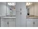 Dual sink bathroom with granite counters, bright lighting, and a shared cabinet at 2911 Silva Wood Dr, Valrico, FL 33596
