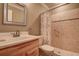 Bathroom showcasing a light wood vanity, tiled shower, and decorative mirror at 4031 Bluff Oak Ct, Palm Harbor, FL 34684