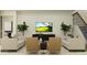 Relaxing living room featuring comfortable sofas, indoor plants, and a modern TV for entertainment at 9296 Gladsome Dr, Land O Lakes, FL 34637