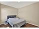 A well-lit bedroom shows the bed with gray bedding, complementing neutral walls, and hardwood floors at 11486 June Briar Loop, San Antonio, FL 33576