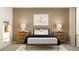 Bedroom with a metal bed frame, neutral colored walls and carpet, nightstands and decorative pillows at 11856 Blue Diamond Trl, Parrish, FL 34219