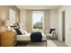 Bedroom with beige walls, light-colored curtains, a plush armchair and a metal bed frame at 11856 Blue Diamond Trl, Parrish, FL 34219