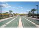 A view of the shuffleboard courts featuring vibrant green playing surfaces and shaded seating areas at 31710 Griffin Sands Ln, San Antonio, FL 33576