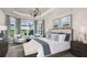 Serene main bedroom featuring plush carpeting, tray ceiling, and tranquil views of the backyard at 3575 Santa Caterina Blvd, Bradenton, FL 34211