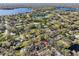 Aerial view of a neighborhood featuring mature trees, multiple ponds, and well-manicured lawns at 14910 Northwood Village Ln, Tampa, FL 33613