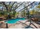 Screened-in pool area with lounge chairs and dining table, surrounded by lush landscaping and mature trees at 14910 Northwood Village Ln, Tampa, FL 33613