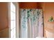 Bathroom with leafy shower curtain, light and bright with a tiled wall at 2233 Golf Manor Blvd, Valrico, FL 33596
