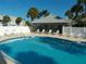 Community pool area with lounge chairs, palm trees and an outdoor shade structure at 238 Sun Ketch Ct # 95, Treasure Island, FL 33706