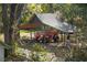 An orange telehandler parked under a metal covering, nestled among trees and greenery at 2906 Pemberton Creek Dr, Seffner, FL 33584