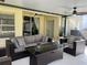 A cozy covered patio with comfortable seating, perfect for outdoor relaxation at 3207 Sunwatch Dr, Wesley Chapel, FL 33544