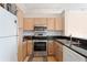 Modern kitchen with stainless steel appliances, wood cabinets, and granite countertops at 732 Coral Reef Dr # 732, Tampa, FL 33602