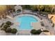 Aerial view of a mushroom-shaped pool with a jacuzzi, ample seating, and lush landscaping in a serene setting at 732 Coral Reef Dr # 732, Tampa, FL 33602