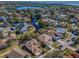 Aerial view of homes with well-maintained landscaping, winding streets, and a picturesque lake in the background at 1010 Blue Heron Way, Tarpon Springs, FL 34689