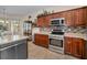 Well-equipped kitchen features stainless steel appliances, tile backsplash, and abundant cabinetry at 1010 Blue Heron Way, Tarpon Springs, FL 34689