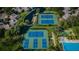 Aerial view of tennis and pickleball courts with a pool nearby, surrounded by well-maintained landscaping at 1010 Blue Heron Way, Tarpon Springs, FL 34689