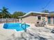 Backyard swimming pool with patio furniture, lounging chairs, and a building with neutral-colored walls at 2823 St Croix Dr, Clearwater, FL 33759