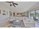A spacious living room featuring a large sectional, open layout, and expansive views of the backyard at 3020 Silva Wood Dr, Valrico, FL 33596