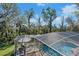 Inviting screened-in pool surrounded by lush trees and landscaping, perfect for outdoor relaxation and entertaining at 405 Apache Trl, Brandon, FL 33511